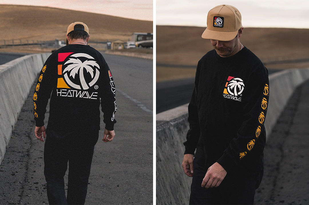 Man wearing the Heat Wave 3 Stripe Long Sleeve T-Shirt - Black showing front and back