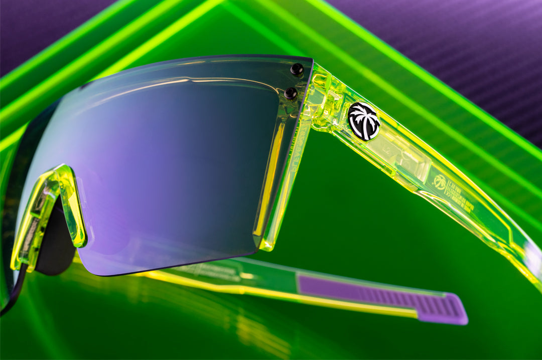 Close up shot of the Performance Lazer Face Sunglasses: Antifreeze Z87+ on a neon green platform
