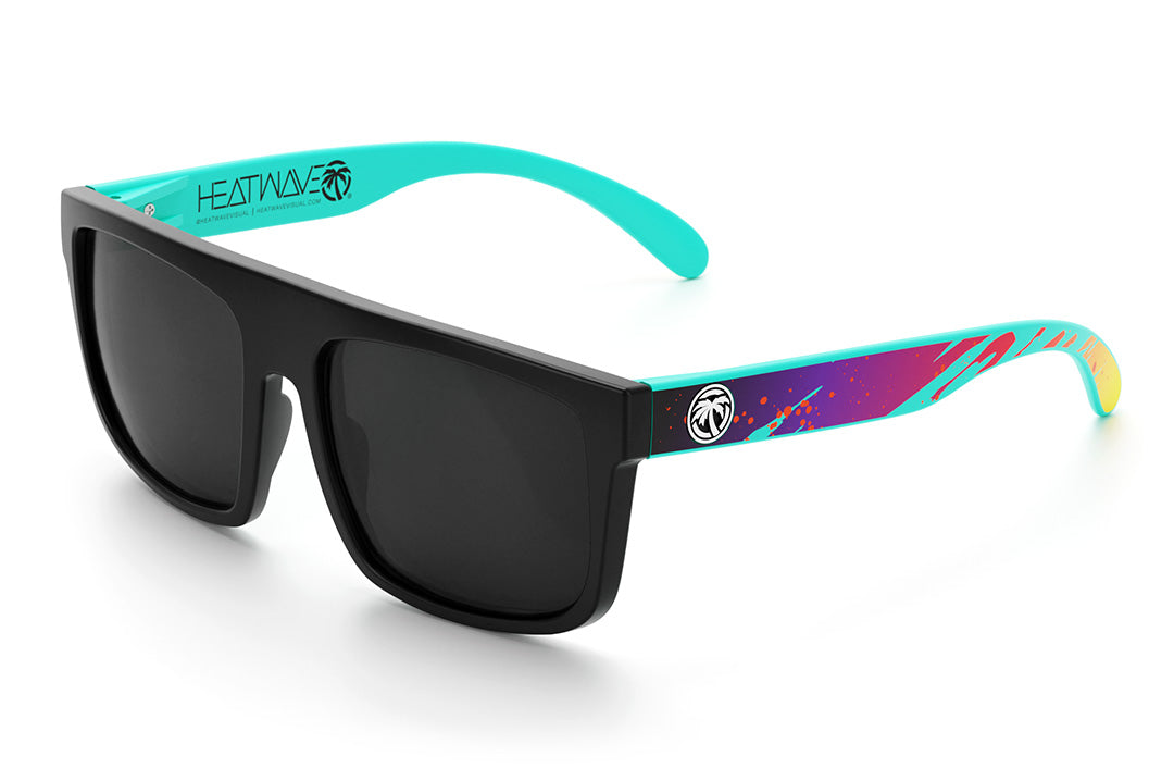 Heat Wave Visual Regulator Sunglasses with black frame, aqua splash print arms and black lenses.