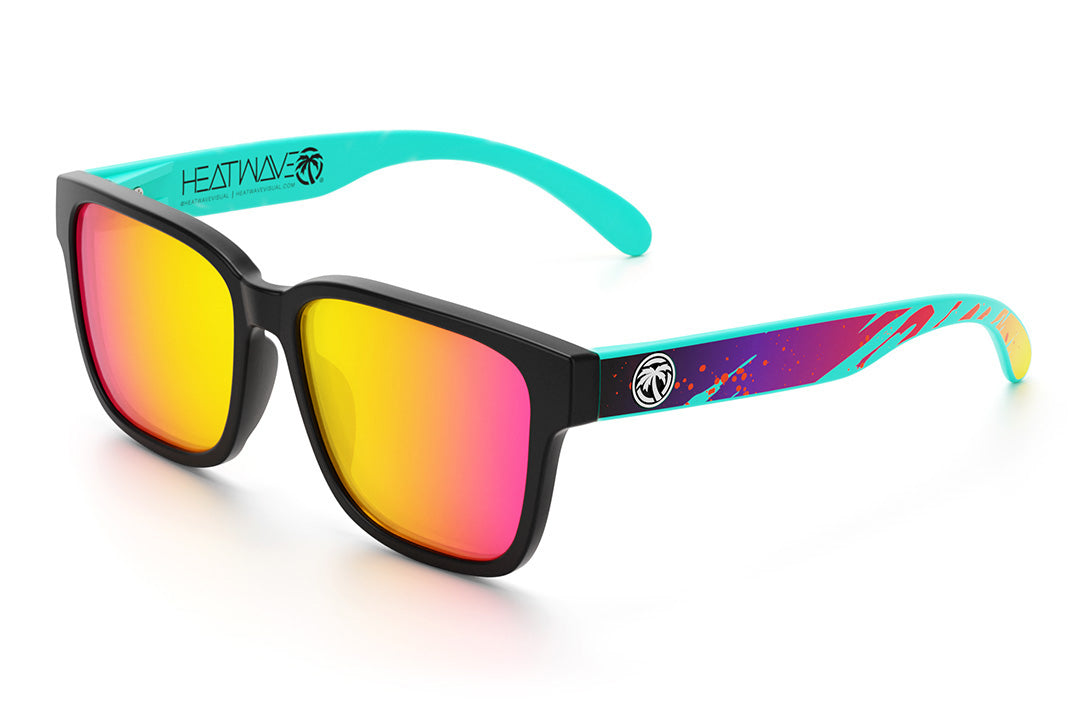 Heat Wave Visual Apollo Sunglasses with black frame, aqua splash arms and tropic pink yellow lenses.