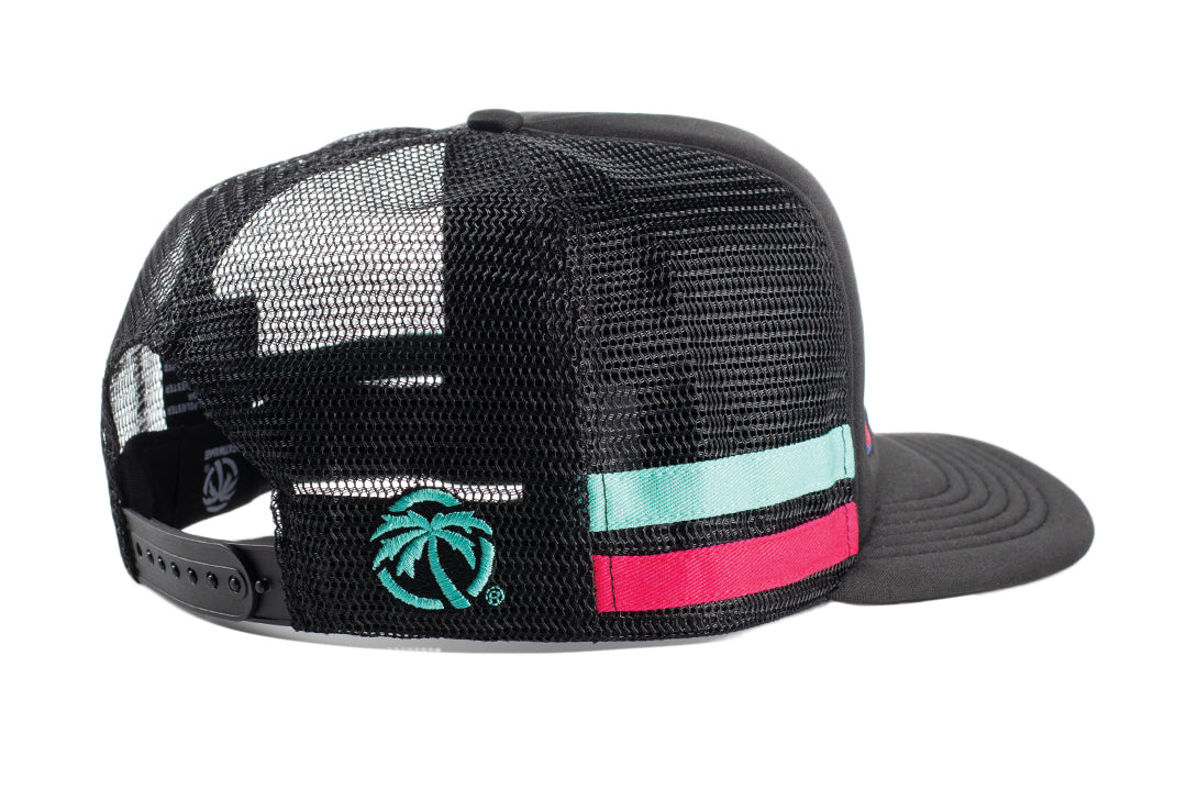 Side view of the Black Heat Wave Y2K Racing Hat on a white background.