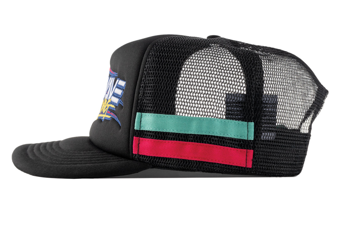 Side view of the Black Heat Wave Y2K Racing Hat on a white background.