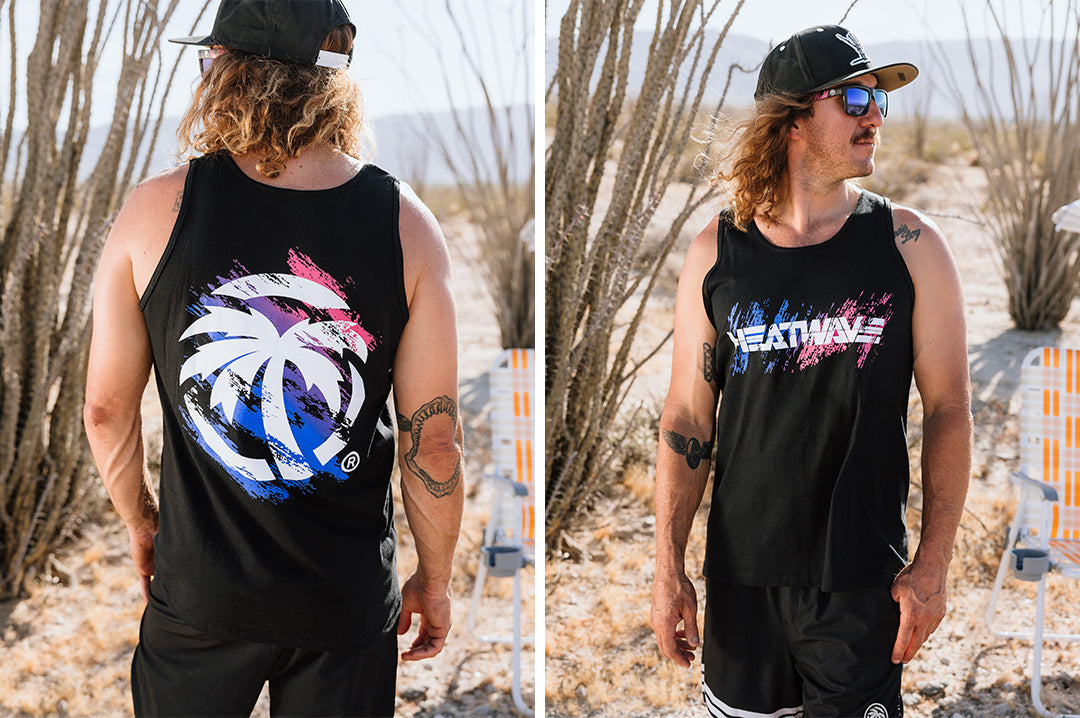 Man wearing the Heat Wave Baja Nights Tank Top outside