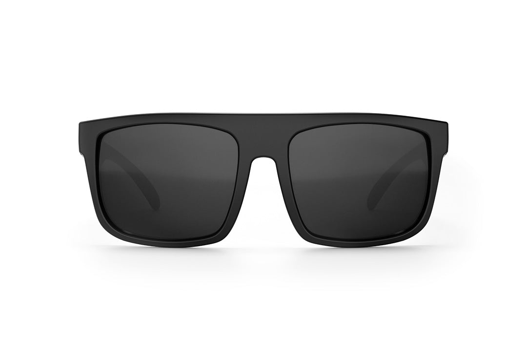 Front of Heat Wave Visual Regulator Sunglasses with black frame, white billboard logo print arms and black lenses.