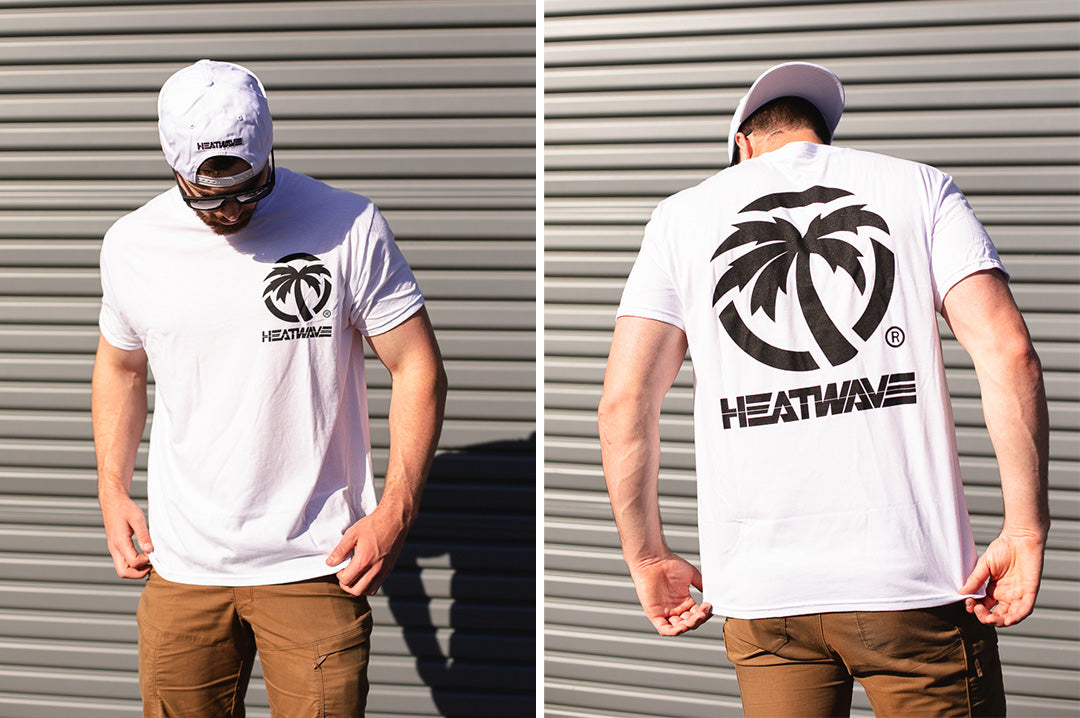 Caden wearing the Heat Wave Visual Billboard White T-shirt.
