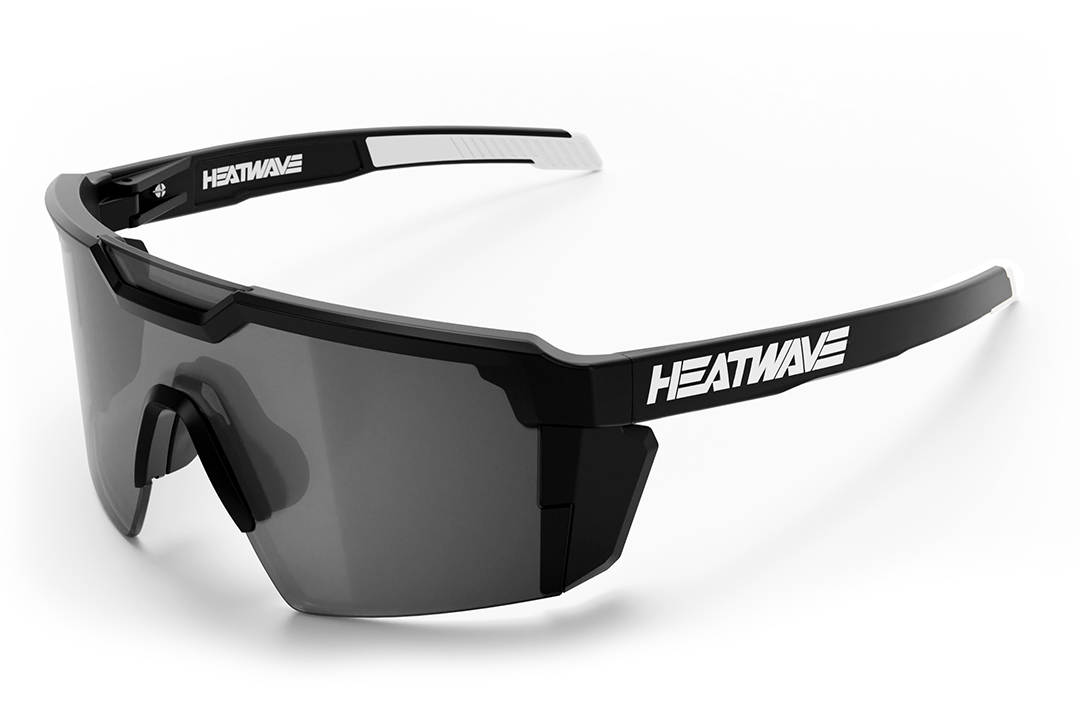 Heat Wave Visual Future Tech Sunglasses with black frame with white billboard print arms and silver lens.