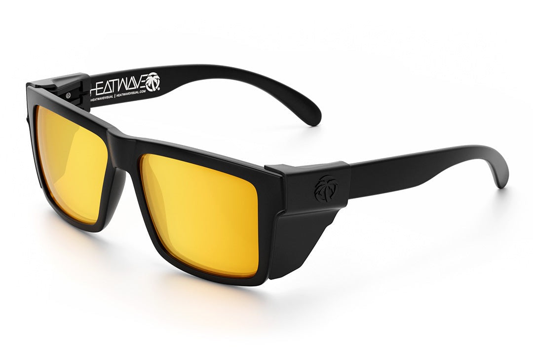 Heat Wave Visual Vise Z87 Sunglasses with black frame, gold lenses and black side shields.