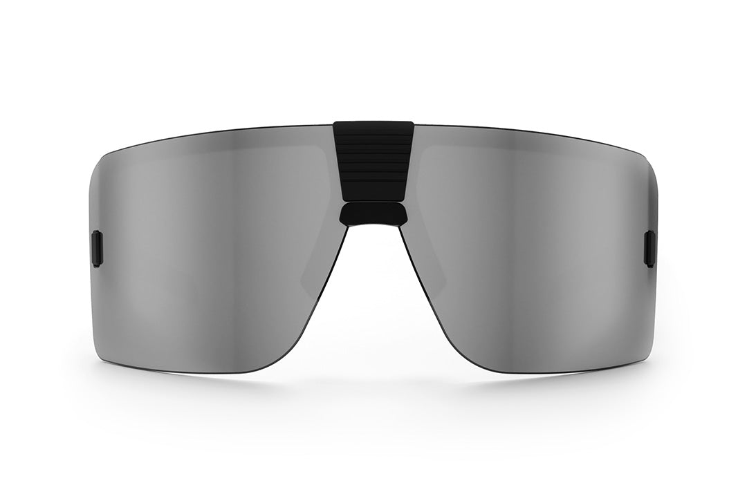Front of Heat Wave Visual XL Vector Sunglasses with black frame and silver lens.