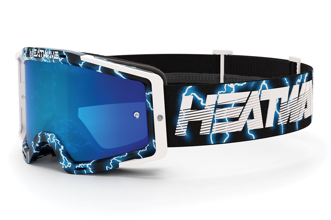 Heat Wave Visual MXG 250 Motosport Goggle in the Lightning color way with the Galaxy Blue Mirror lens.