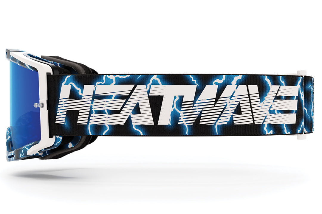 Side view of the Heat Wave Visual MXG 250 Motosport Goggle in the Lightning color way with the Galaxy Blue Mirror lens.