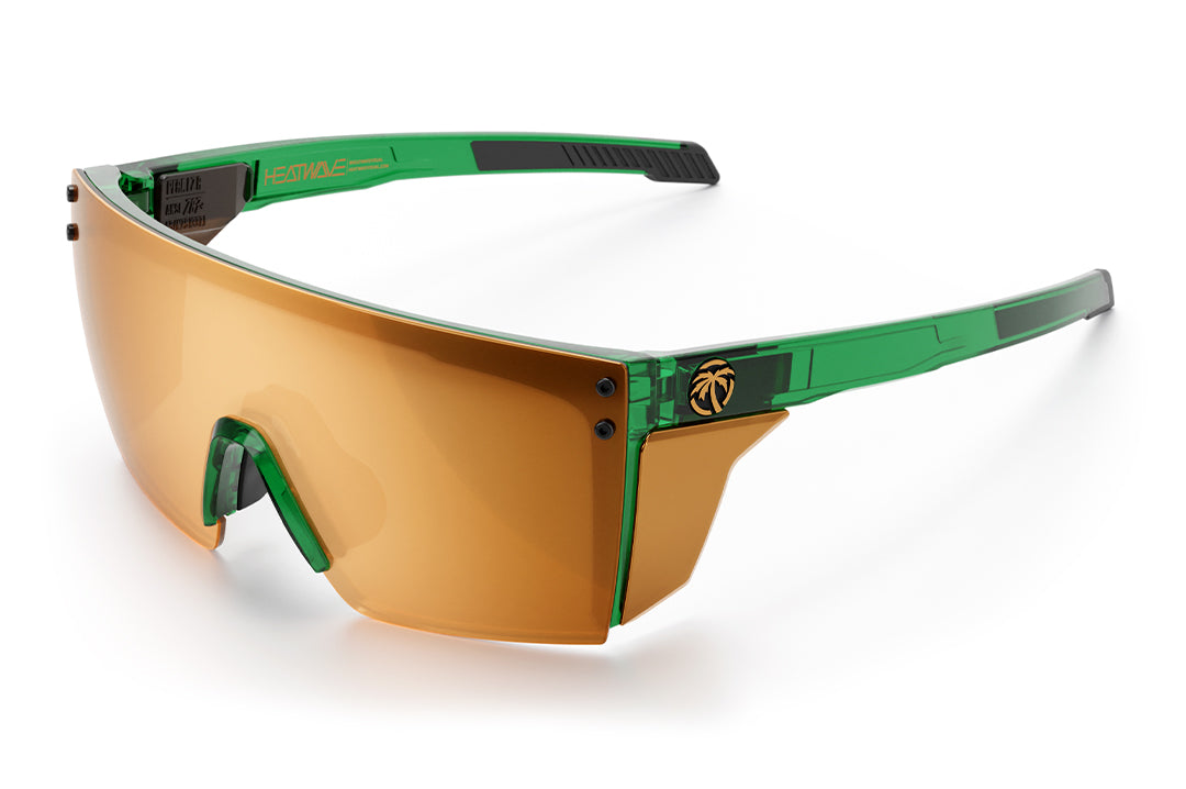 3/4th angle shot of the Performance Lazer Face Sunglasses: Cycad Green Z87+ with side shields on a white background.