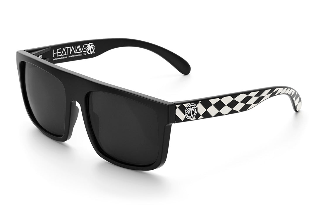 Heat Wave Visual Regulator Sunglasses with black frame, checkered arms and black lenses.