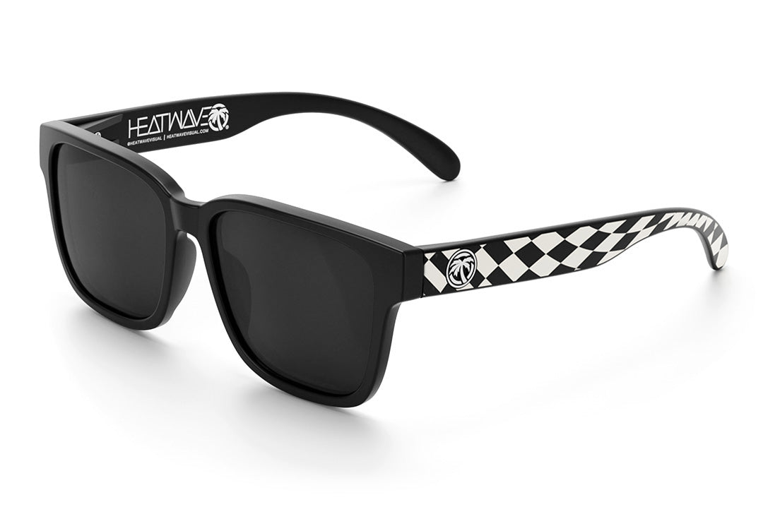 Heat Wave Visual Apollo Sunglasses with black frame, checkered arms and black lenses.