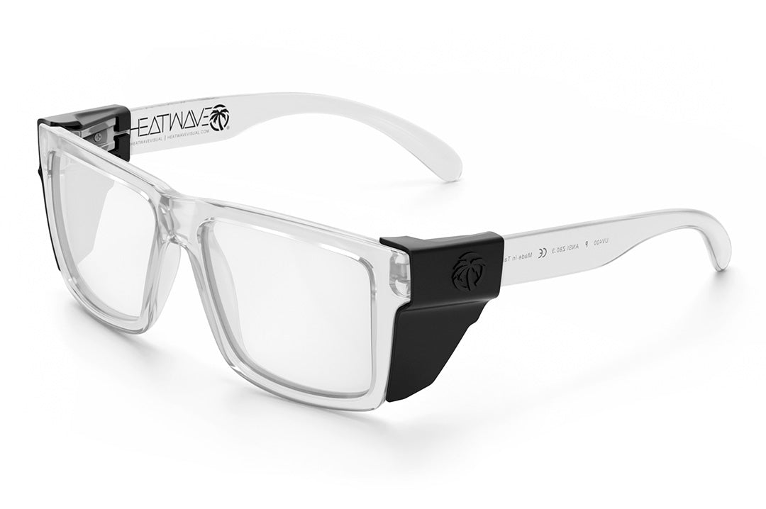 Heat Wave Visual Vise Sunglasses with clear frame, anti-fog clear lenses and black side shields.