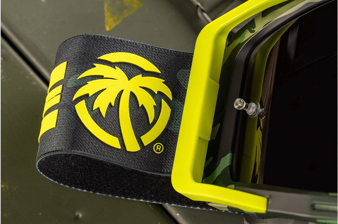 Close-up of the green accents on the Heat Wave Visual MXG 250 Goggle in the Deegan Camo color way.
