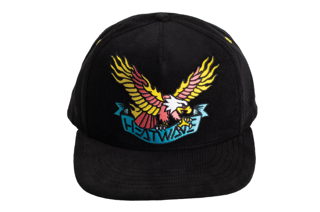 Front view of the Heat Wave x Tall Boy Eagle Cord Hat - Black on a white background