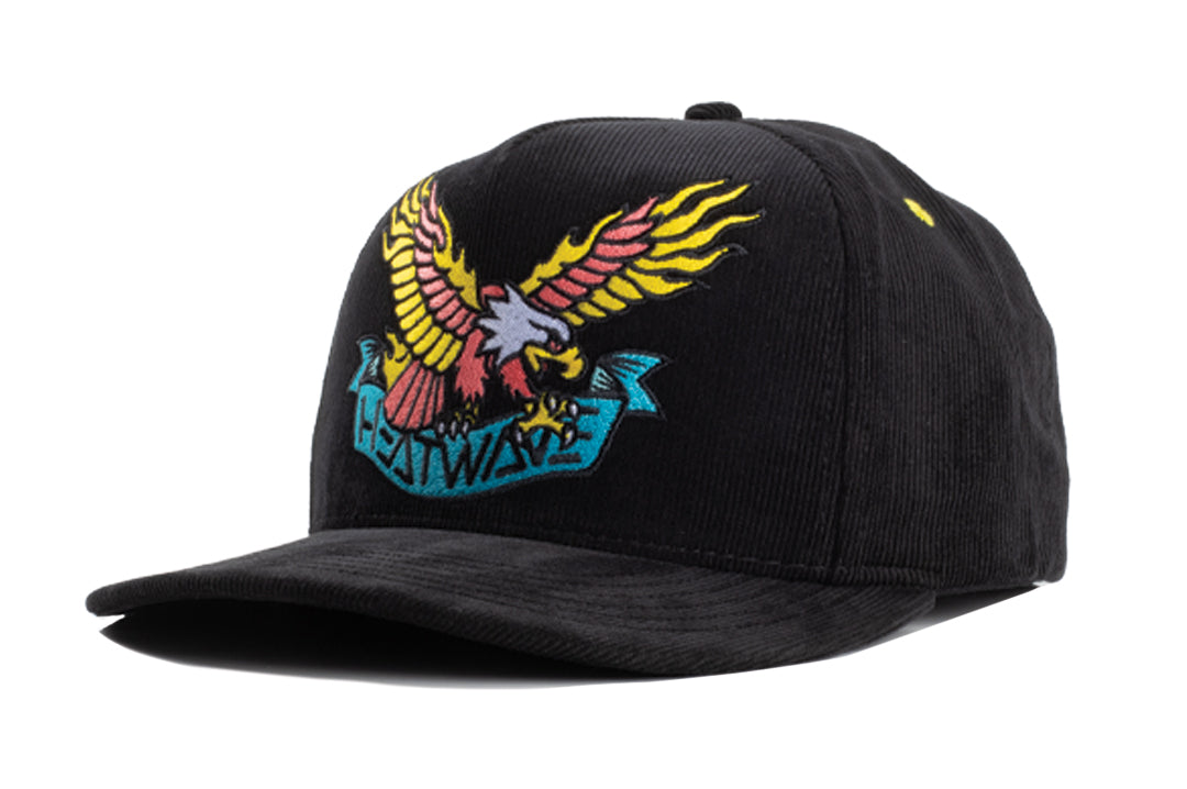 Front view of the Heat Wave x Tall Boy Eagle Cord Hat - Black on a white background