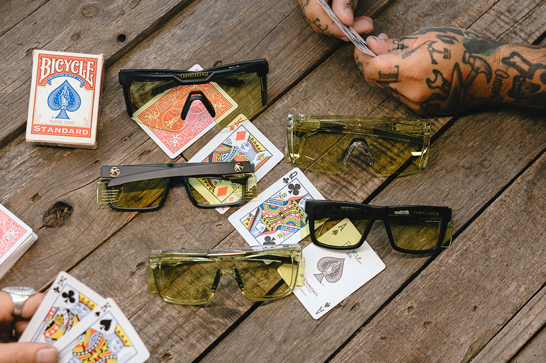 All the Easy Rider Photocromic frames on a wood table
