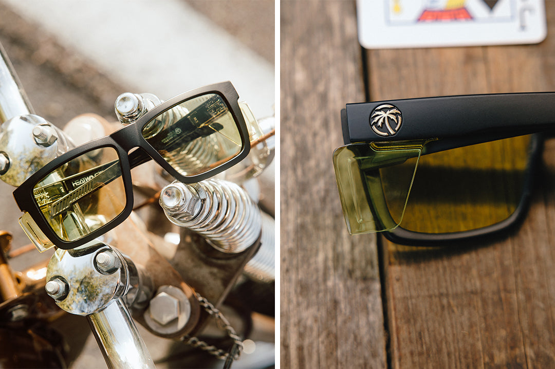 Front and backside of the Performance XL VISE Sunglasses: Easy Rider Photochromic Z87+ on a wood table