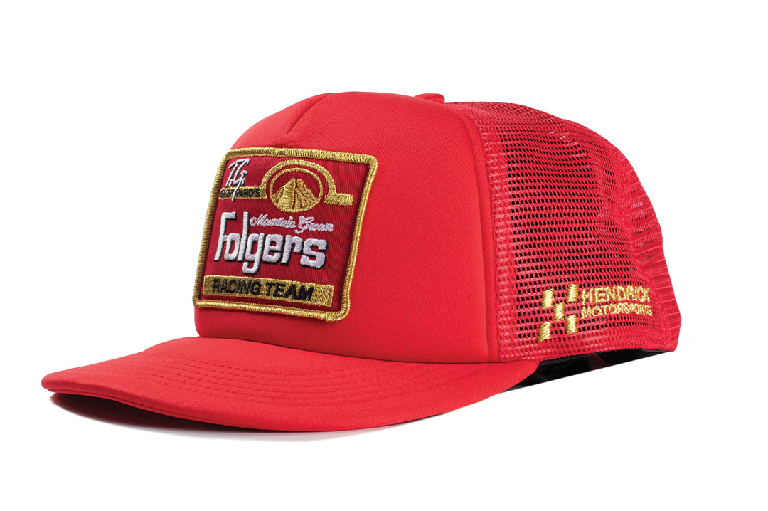 3/4 angle shot of the HWV Trucker Hat: Hendrick Motorsports | Tim Richmond #25 Folgers on a white background