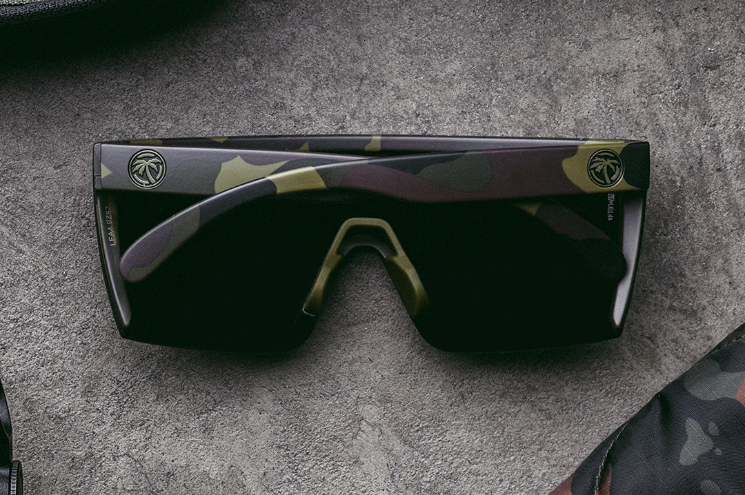 Close up of Heat Wave Visual Lazer Face Z87 Sunglasses with fleck camo frame on model