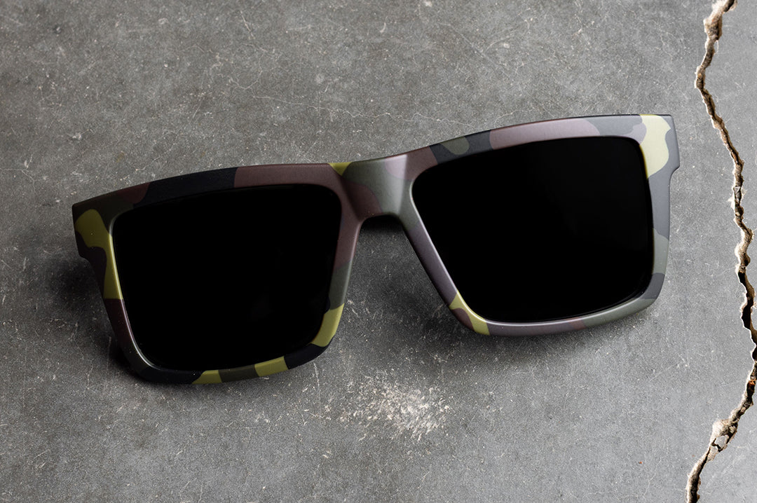 Heat Wave Visual XL Vise Z87 Sunglasses with fleck camo frame close-up