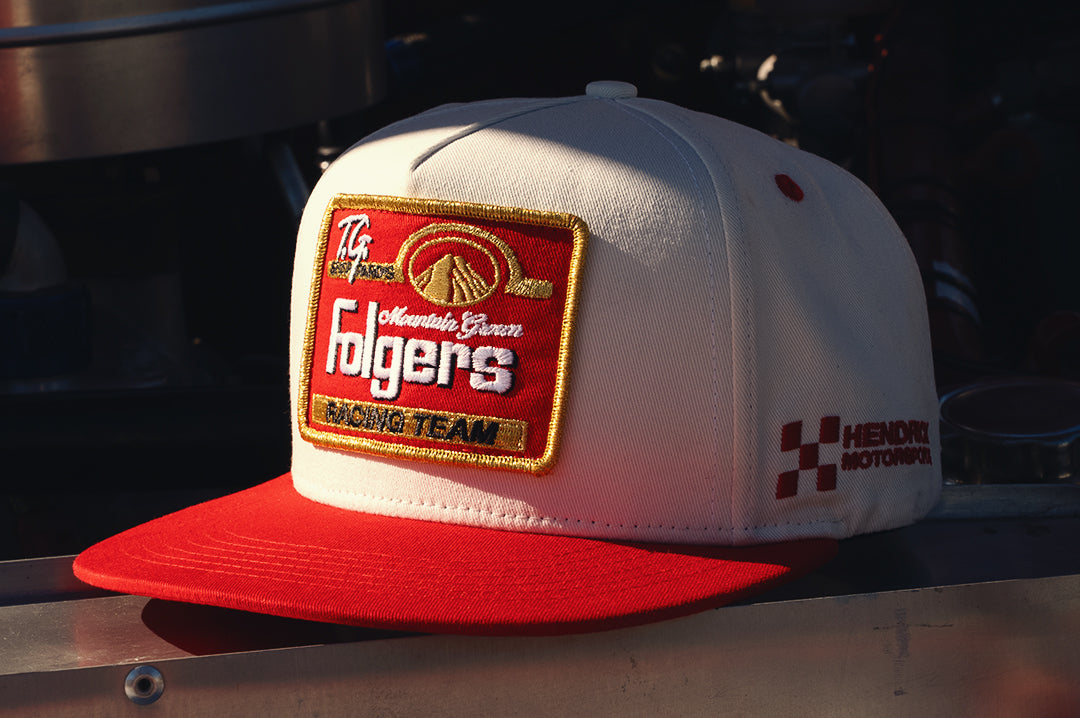 3/4 angle of the HWV 5 Panel Hat: Hendrick Motorsports | Tim Richmond 25 Folgers
