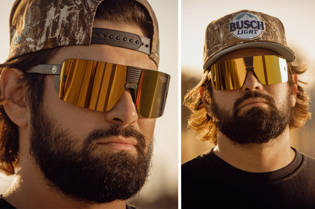 Esmarco wearing the Heat Wave Visual Vector Sunglasses with gold lens.