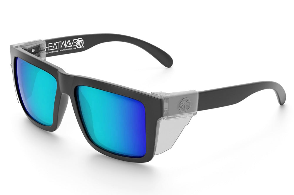 Heat Wave Visual XL Vise Z87 Sunglasses with rubberized frame, galaxy blue lenses and clear side shields.