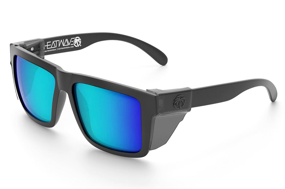 Heat Wave Visual XL Vise Z87 Sunglasses with rubberized frame, galaxy blue lenses and smoke side shields.