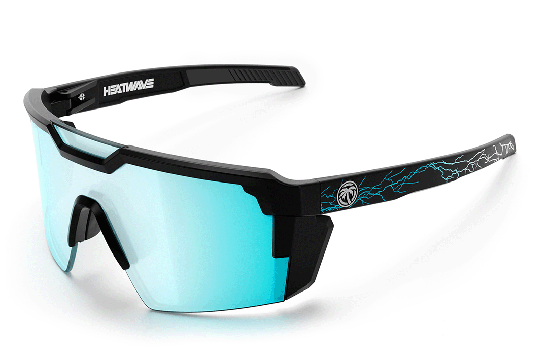 Heat Wave Visual Future Tech Sunglasses with black frame, light blue lens and lightening bolt print arms.