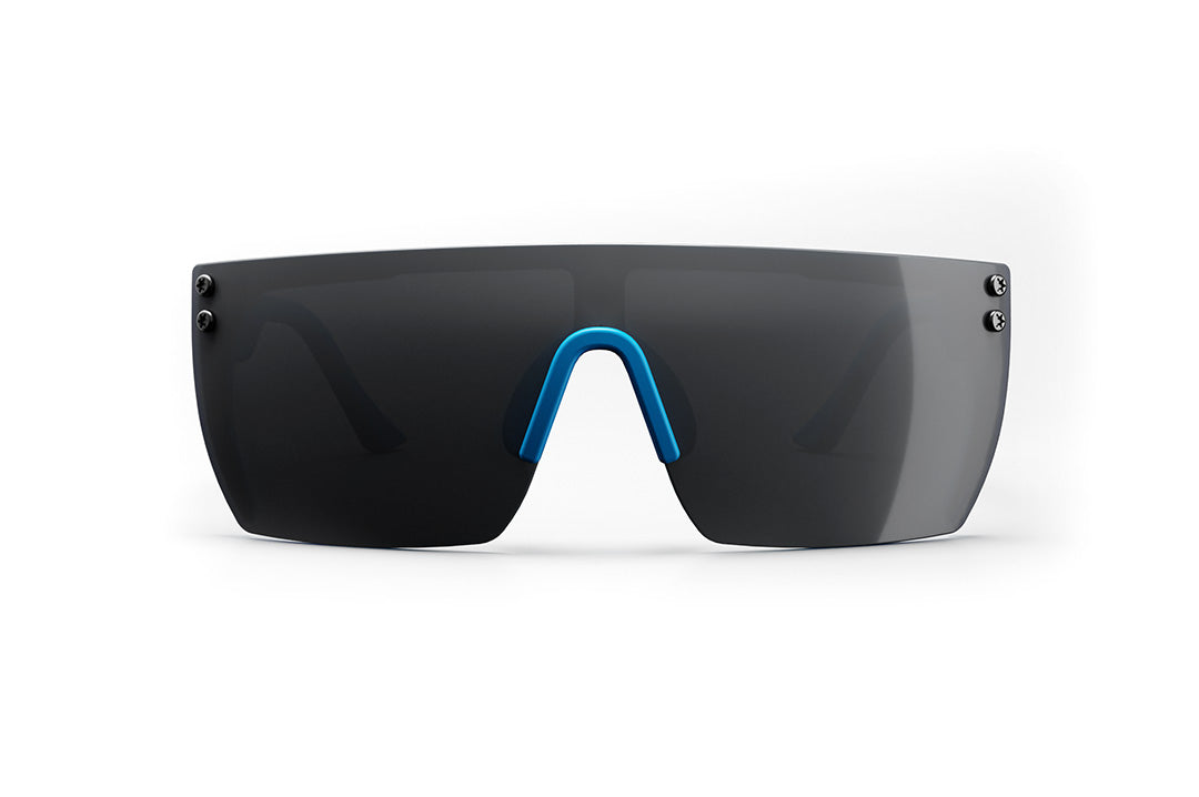 Front of Heat Wave Visual Lazer Face kids sunglasses blue frame, static print arms and black lens.
