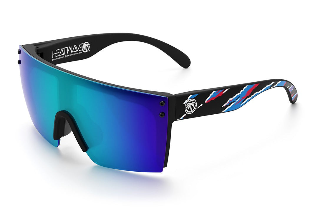 Heat Wave Visual H2O Lazer Face Sunglasses with black frame, firebade arms and galaxy blue lens.