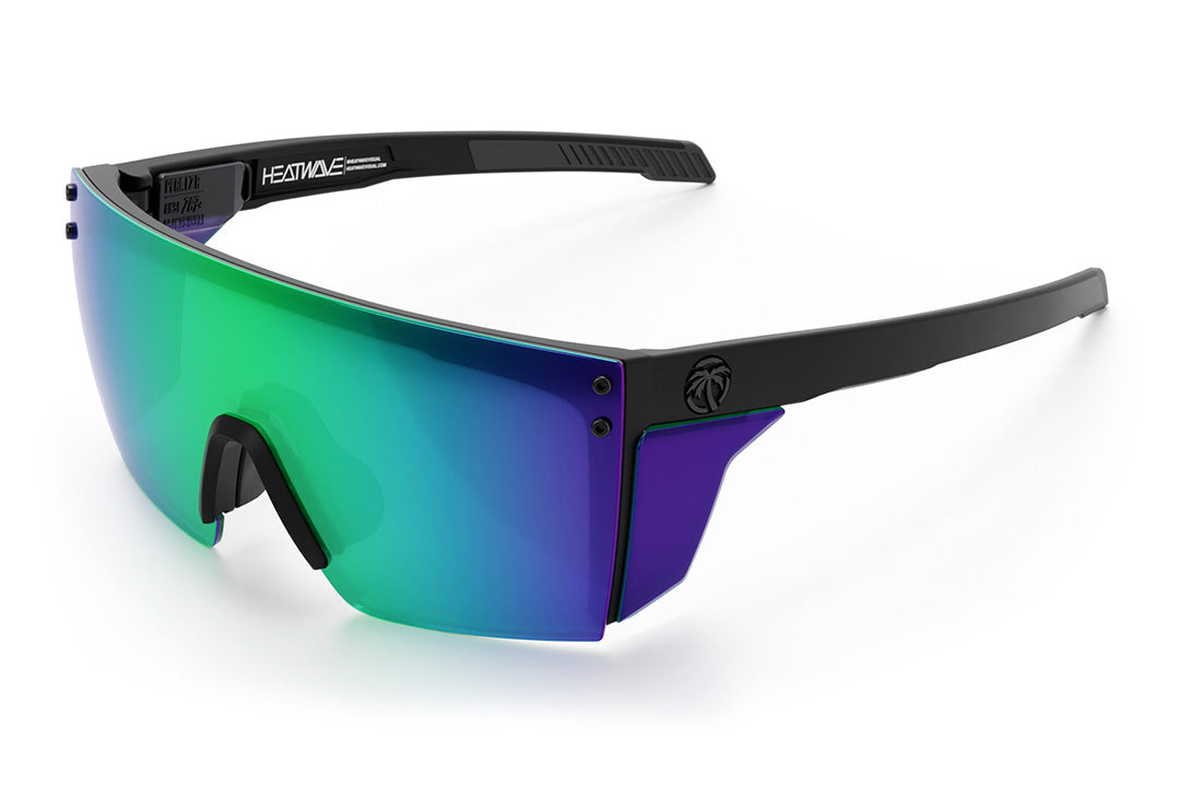 Heat Wave Visual Performance Lazer Face Sunglasses with black frame, piff green blue lens and matching colored side shields.