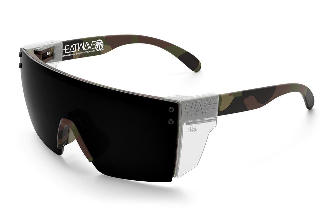 Heat Wave Visual Lazer Face Z87 Sunglasses with fleck camo frame , ultra black lenses and green emblem, clear side shield