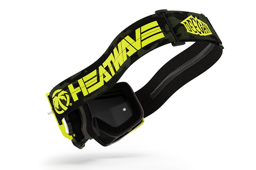 Back view of the Heat Wave Visual MXG 250 Motosport Goggle in the Deegan Camo color way with a black lens.