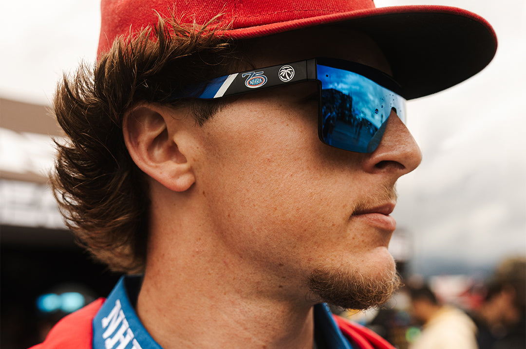 Man wearing the Quatro Sunglasses: NHRA Customs