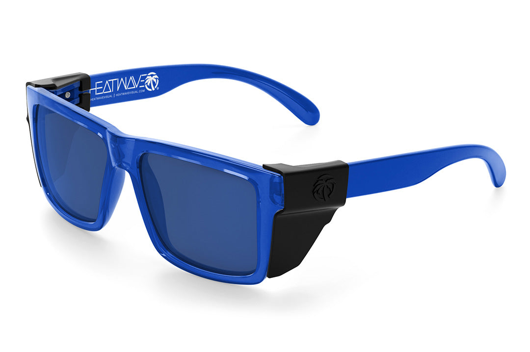 Heat Wave Visual Vise Z87 Sunglasses with neon blue frame, coastal blue lenses and black side shields. 