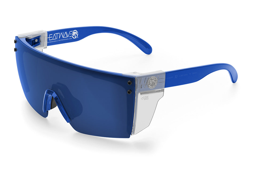 Heat Wave Visual Lazer Face Sunglasses with neon blue frame, coastal blue lens and clear side shields.