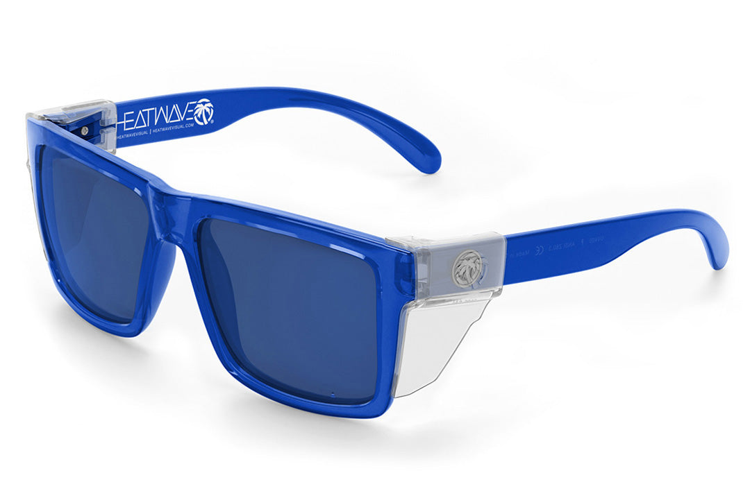 Heat Wave Visual XL Vise Sunglasses with neon blue frame, coastal blue lenses and clear side shields.