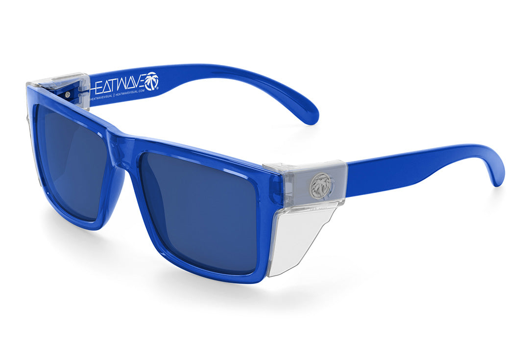 Heat Wave Visual Vise Z87 Sunglasses with neon blue frame, coastal blue lenses and clear side shields.