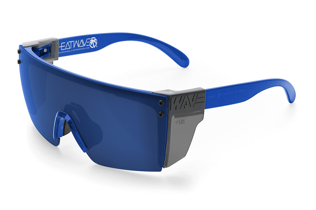 Heat Wave Visual Lazer Face Sunglasses with neon blue frame, coastal blue lens and smoke side shields.