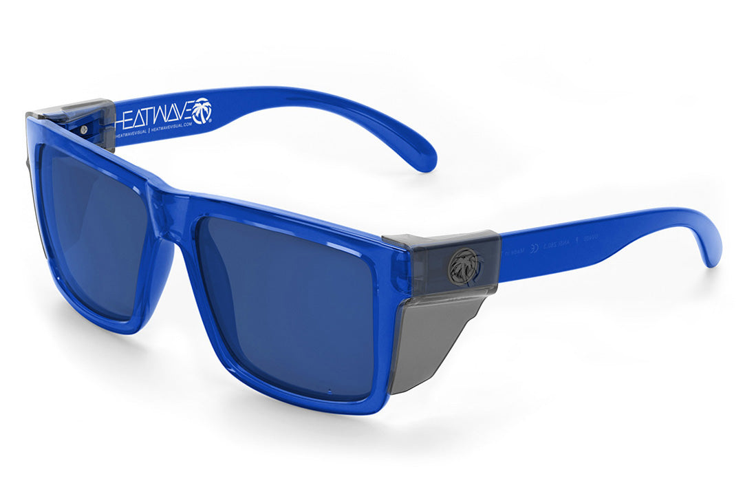 Heat Wave Visual XL Vise Sunglasses with neon blue frame, coastal blue lenses and smoke side shields.