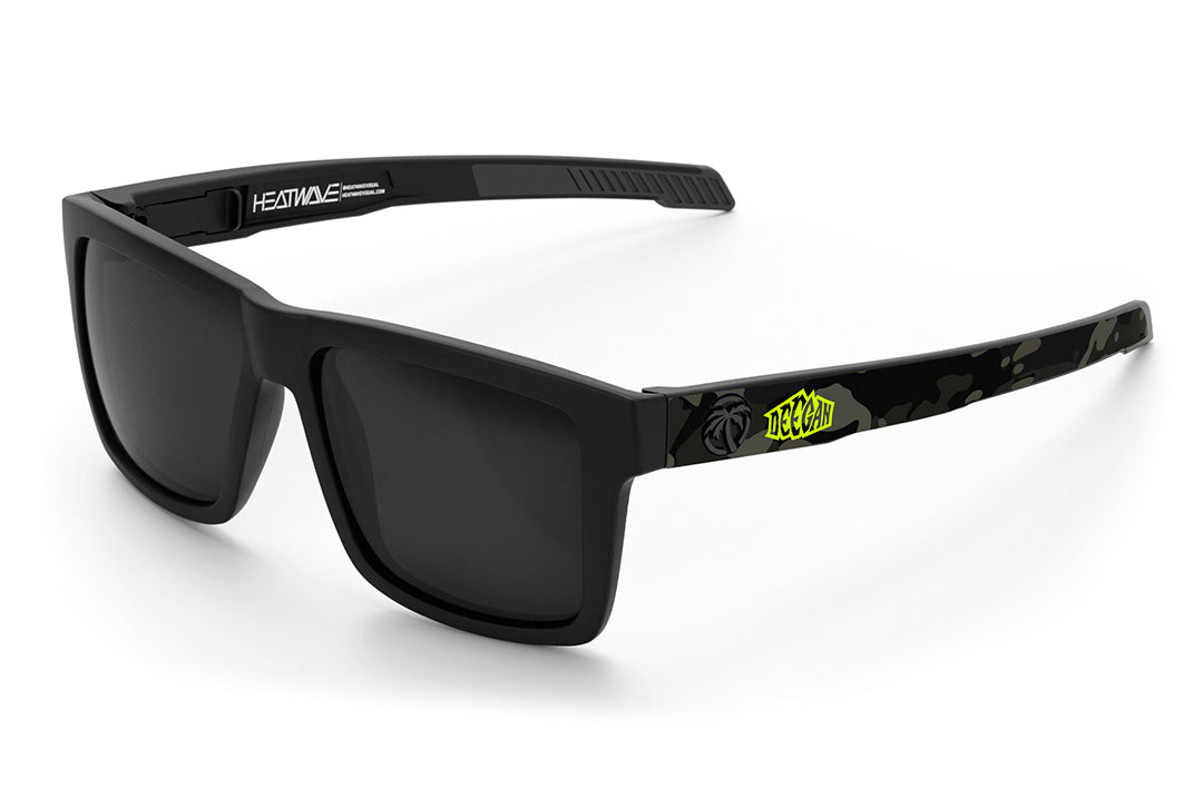 Heat Wave Visual Performance Vise Sunglasses with black frame, Deegan print arms and black lenses.