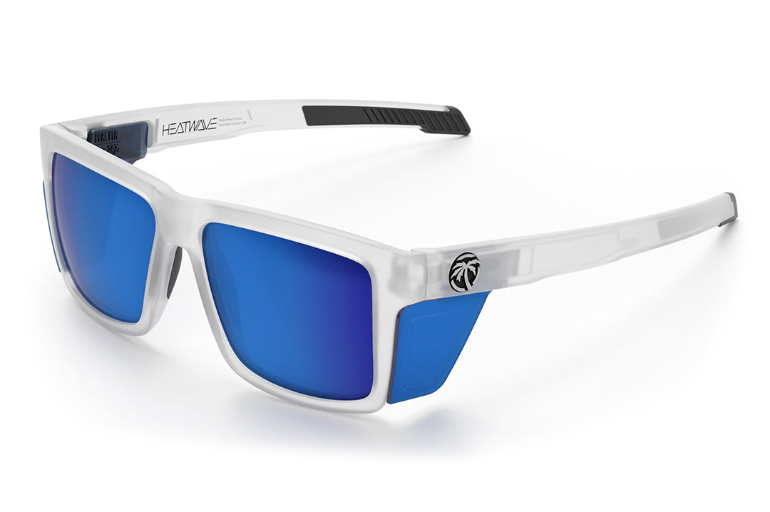 The Performance Vise Sunglasses: Vapor Frost Frame Coastal Lens Z87+ with blue side shields on a white background.