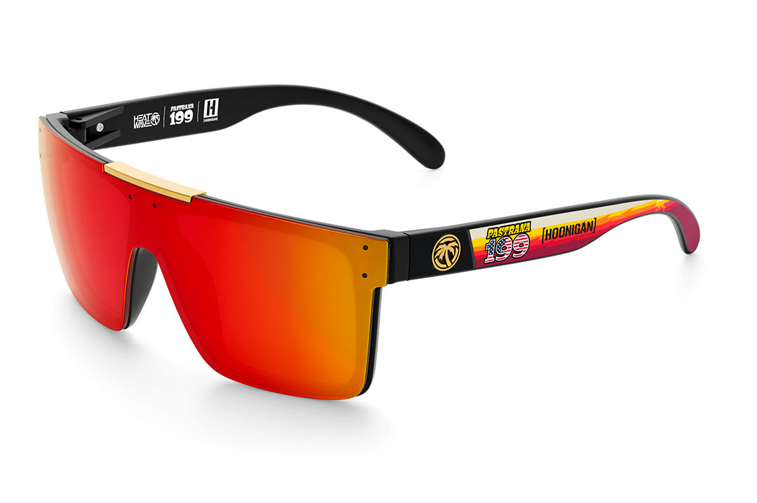 Heat Wave Visual Quatro Sunglasses with black frame, Pastrana Hoonigan print arms and sunblast orange yellow lens.