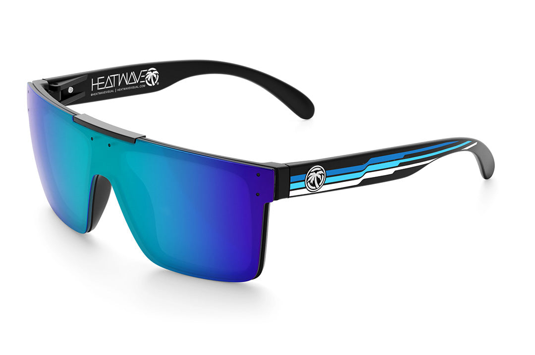 Heat Wave Visual Quatro Sunglasses with black frame, side strip blue print arms and galaxy blue lens.
