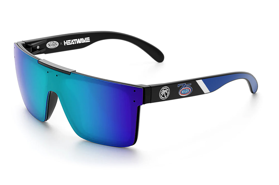 3/4th angle shot of the Quatro Sunglasses: NHRA Customs on a white background.