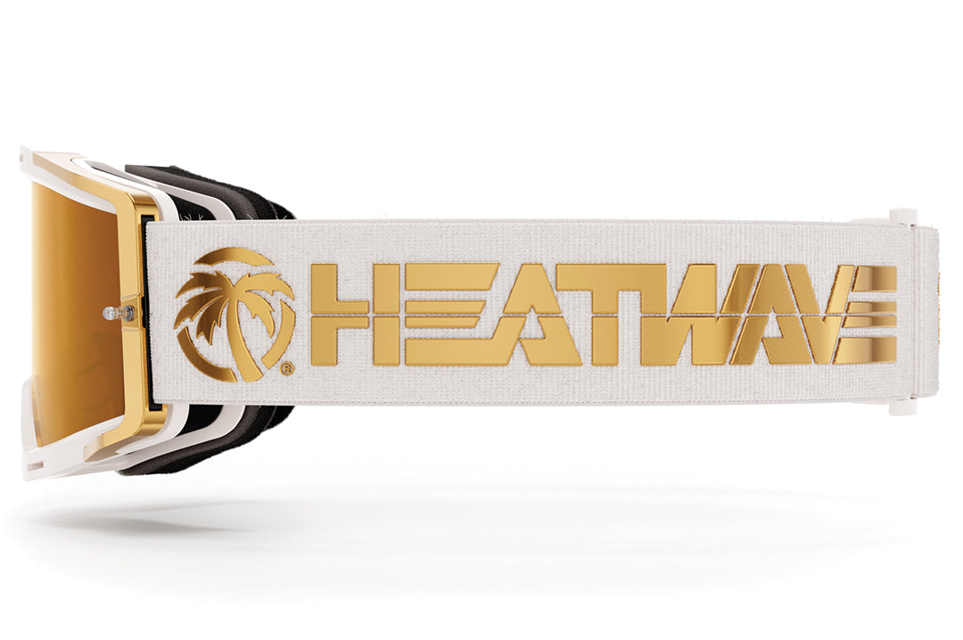 Side shot of the The MXG-250 Moto Goggle - Colby Raha 2.0 head strap with gold Heat wave brand logo