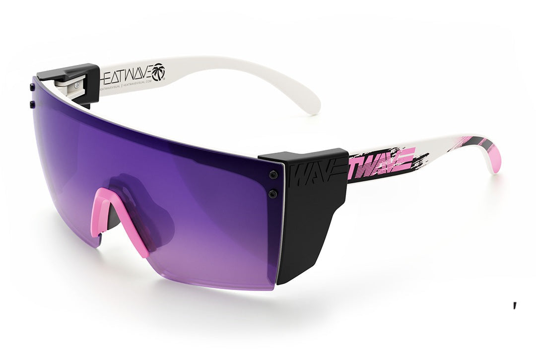 Heat Wave Visual Lazer Face Z87 Sunglasses with white frame, reactive print arms, purple gradient lens and black side shields. 